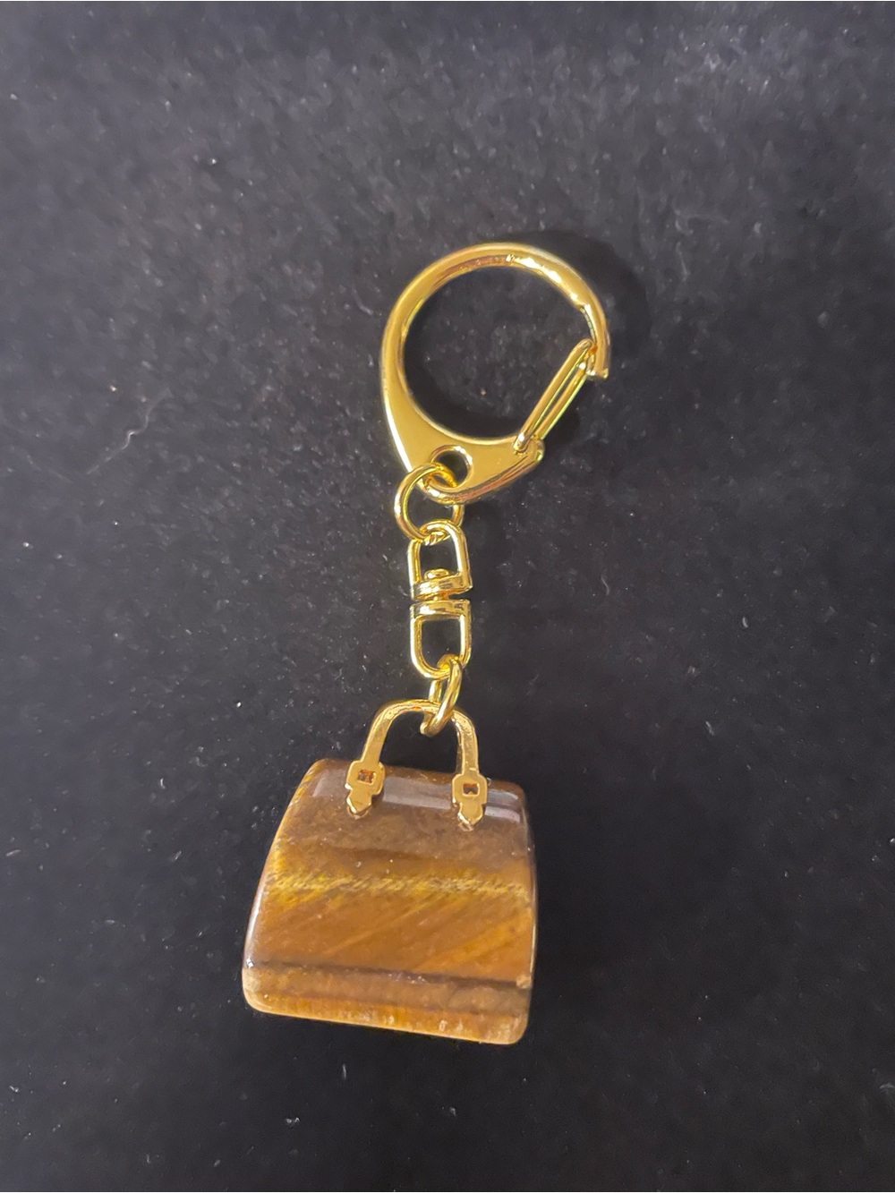 Handbag Keychain Charm Tigers Eye Stainless Steel with Brown Natural Stone